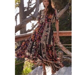 Johnny Was Isabis Womens Dress Mix Print Tiered Flutter Sleeve Maxi